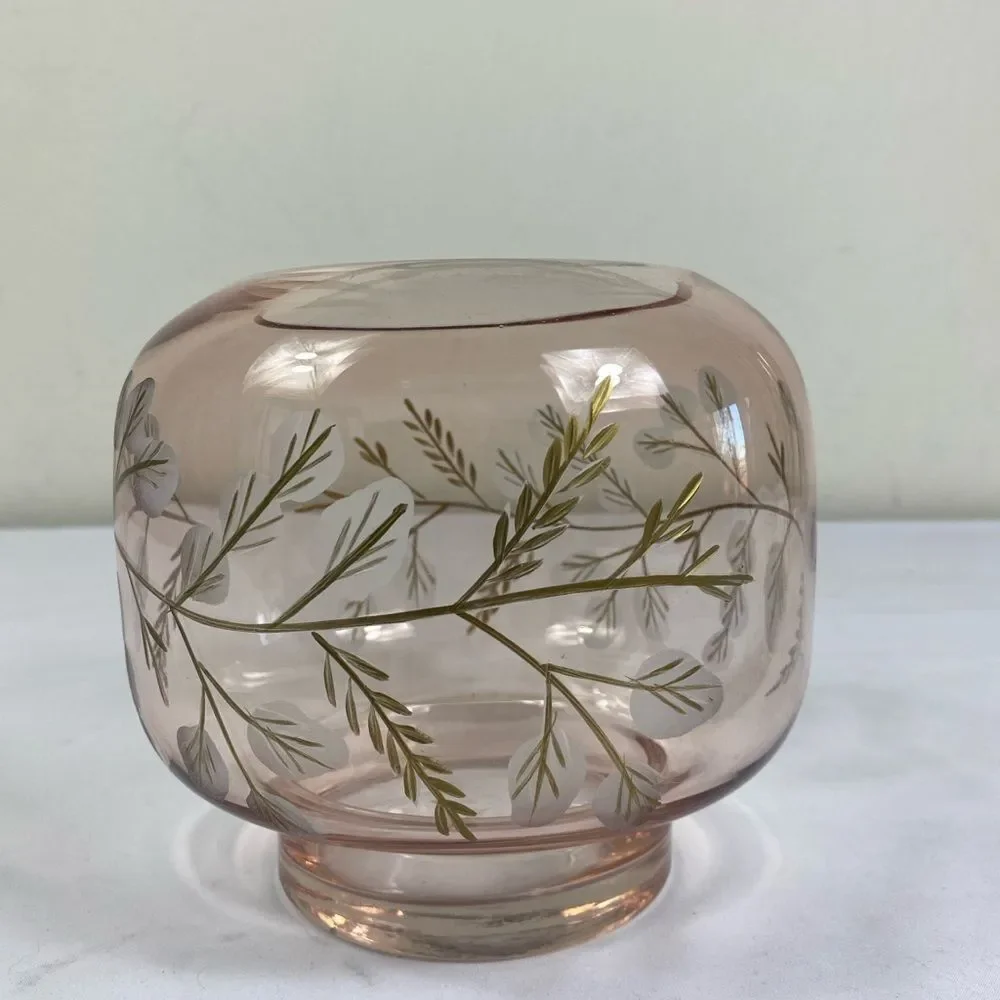 Hand-blown Cezk Blush Glass Vase with Gold Leaf Motif 50s 60s hand painted